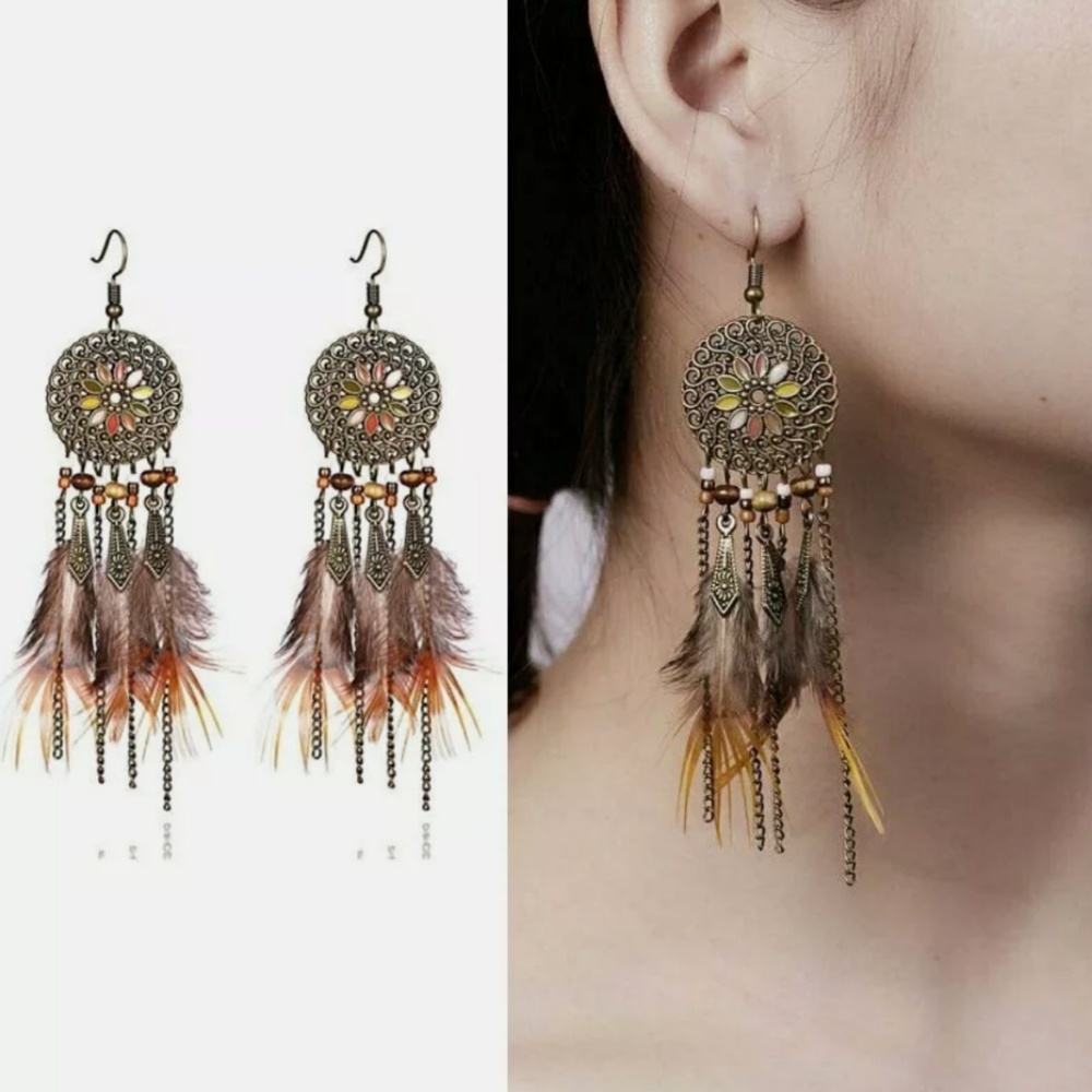 Chic Tribal boho feather chain woman's earrings
